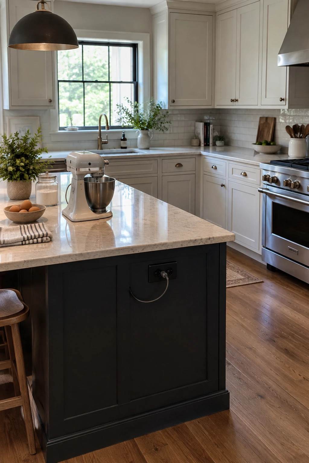 Discreet power outlet on the work side of a kitchen island