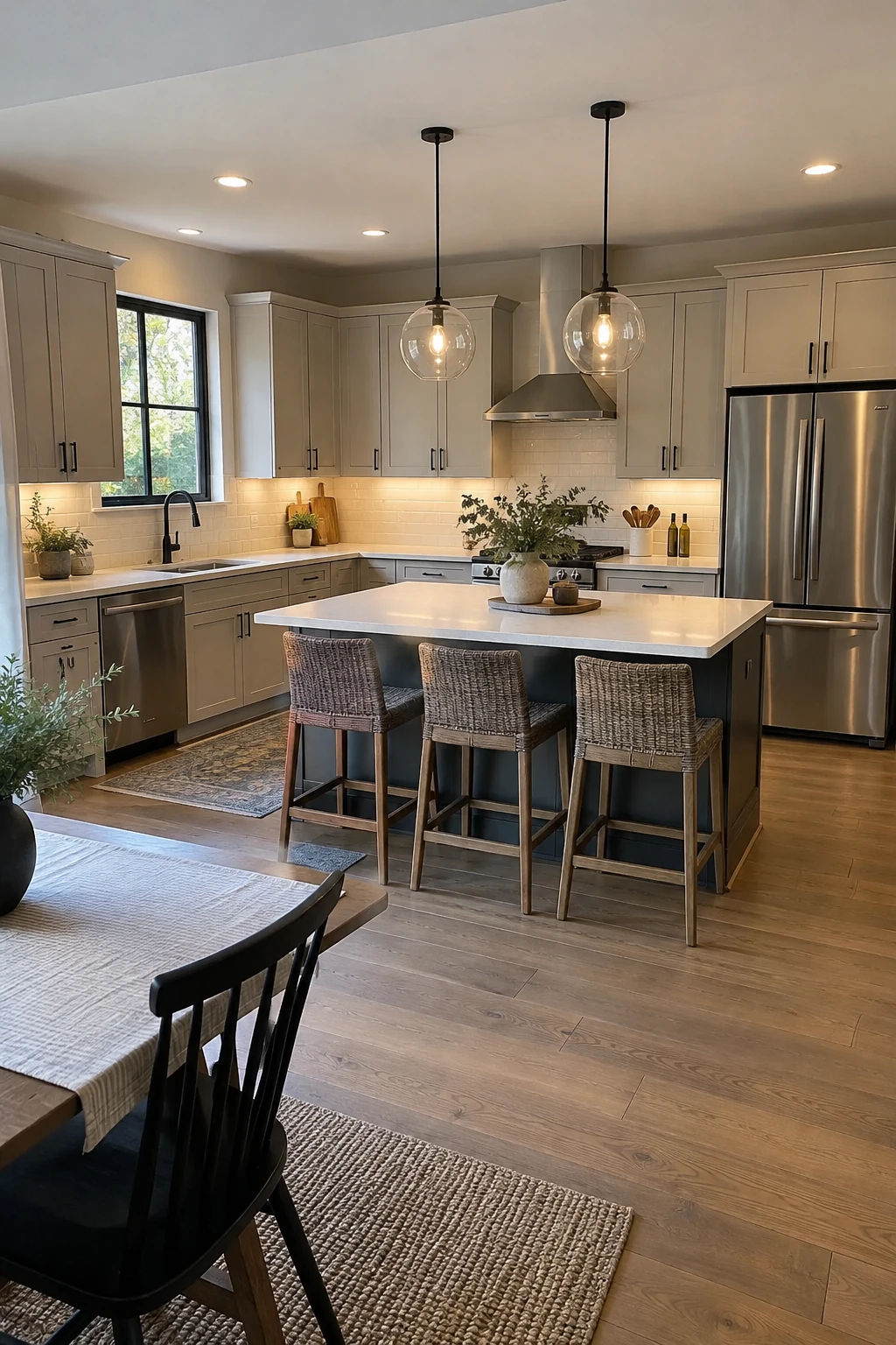 Even under-cabinet task lighting around an L-shaped kitchen