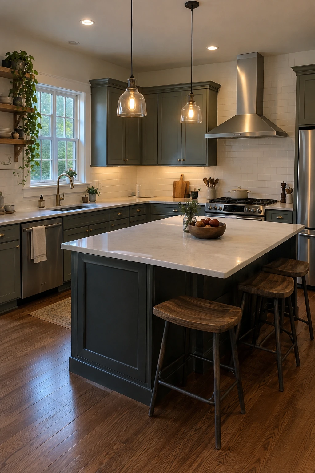 Perimeter range hood with a short concealed exterior duct in an L-shaped kitchen