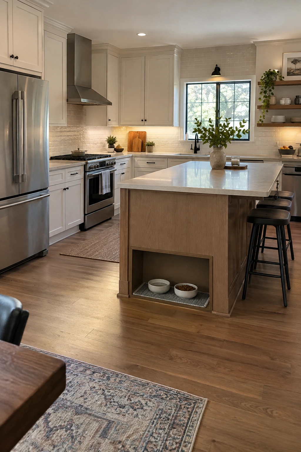 Pet bowl niche at the quiet end of a kitchen island