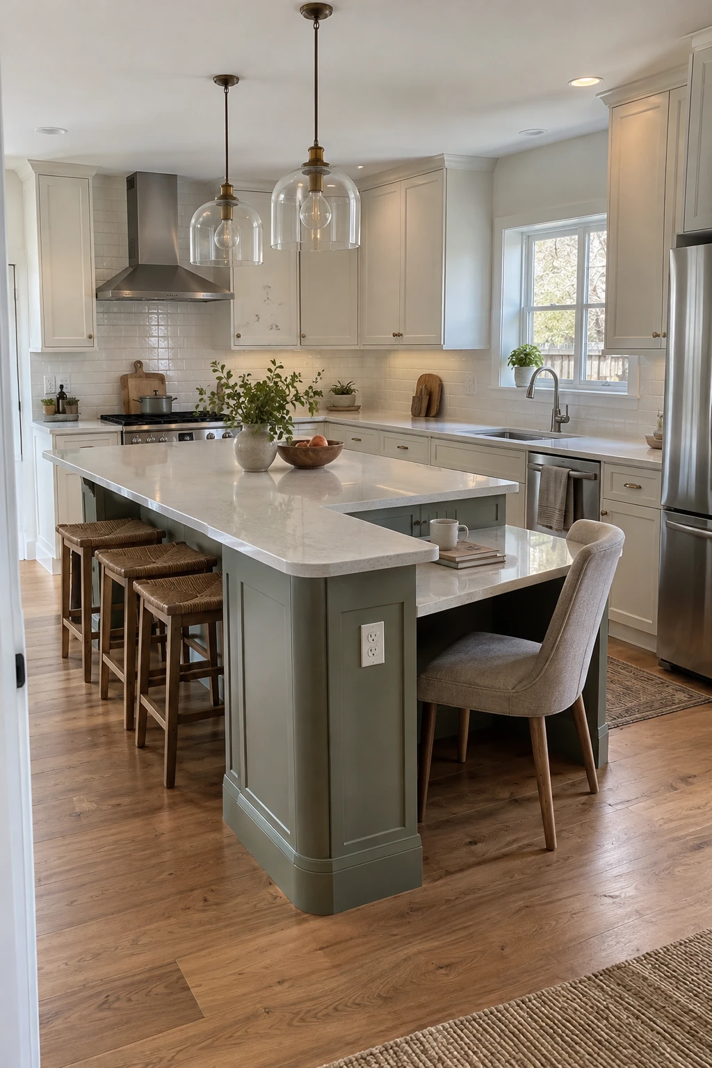 Accessible lowered work surface at one end of a kitchen island