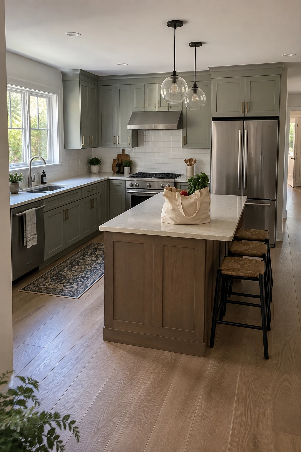 Clear grocery landing area between refrigerator and entry in an L-shaped kitchen