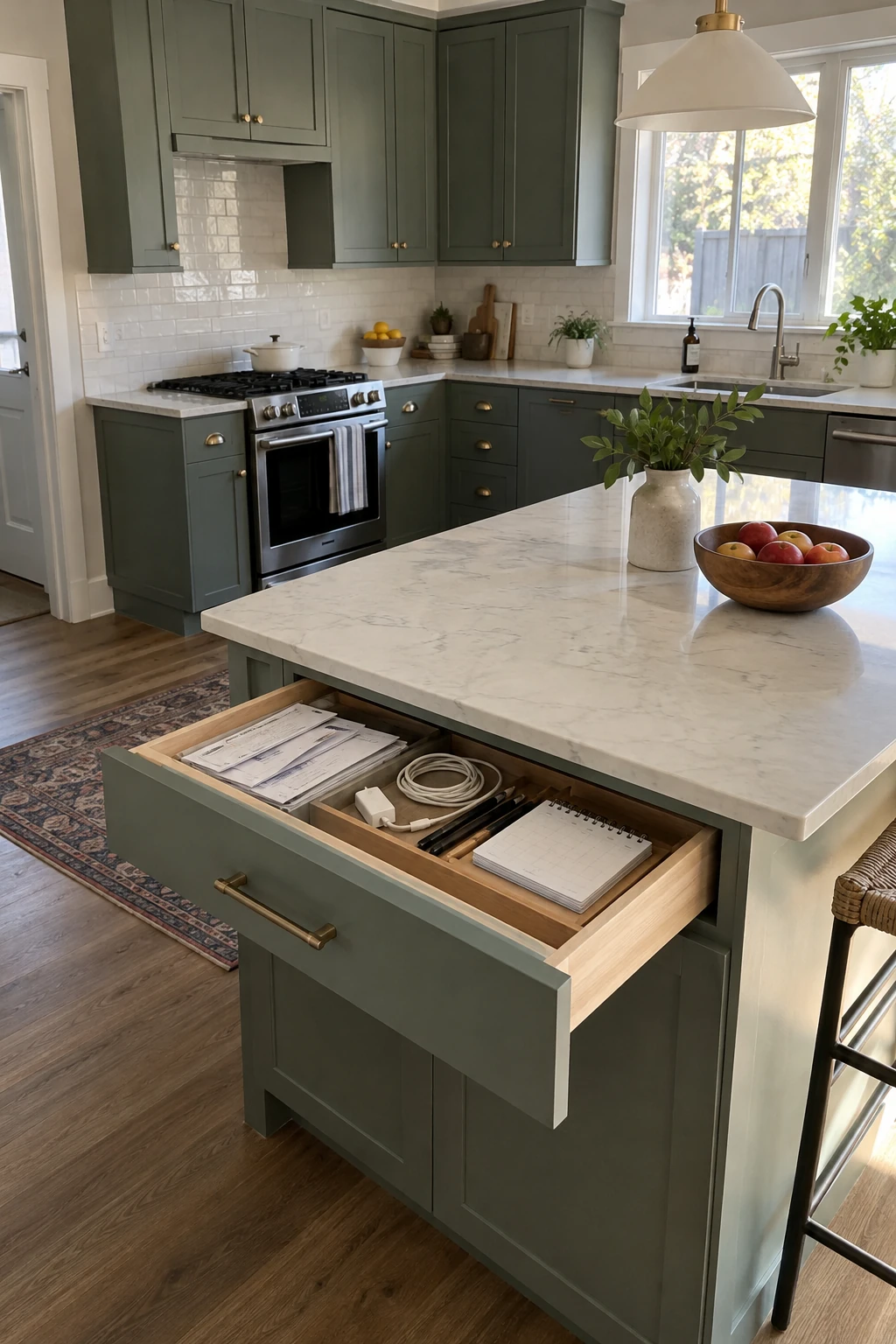 Shallow family command drawer inside a kitchen island