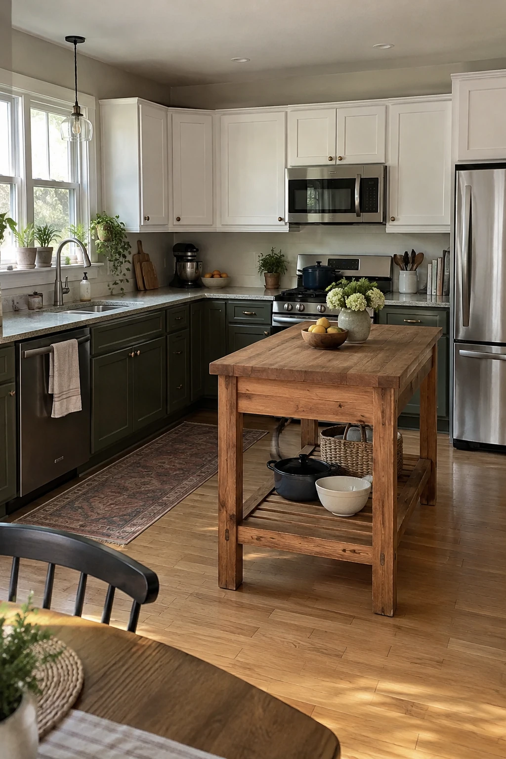 Freestanding wood worktable used as an island in an L-shaped kitchen