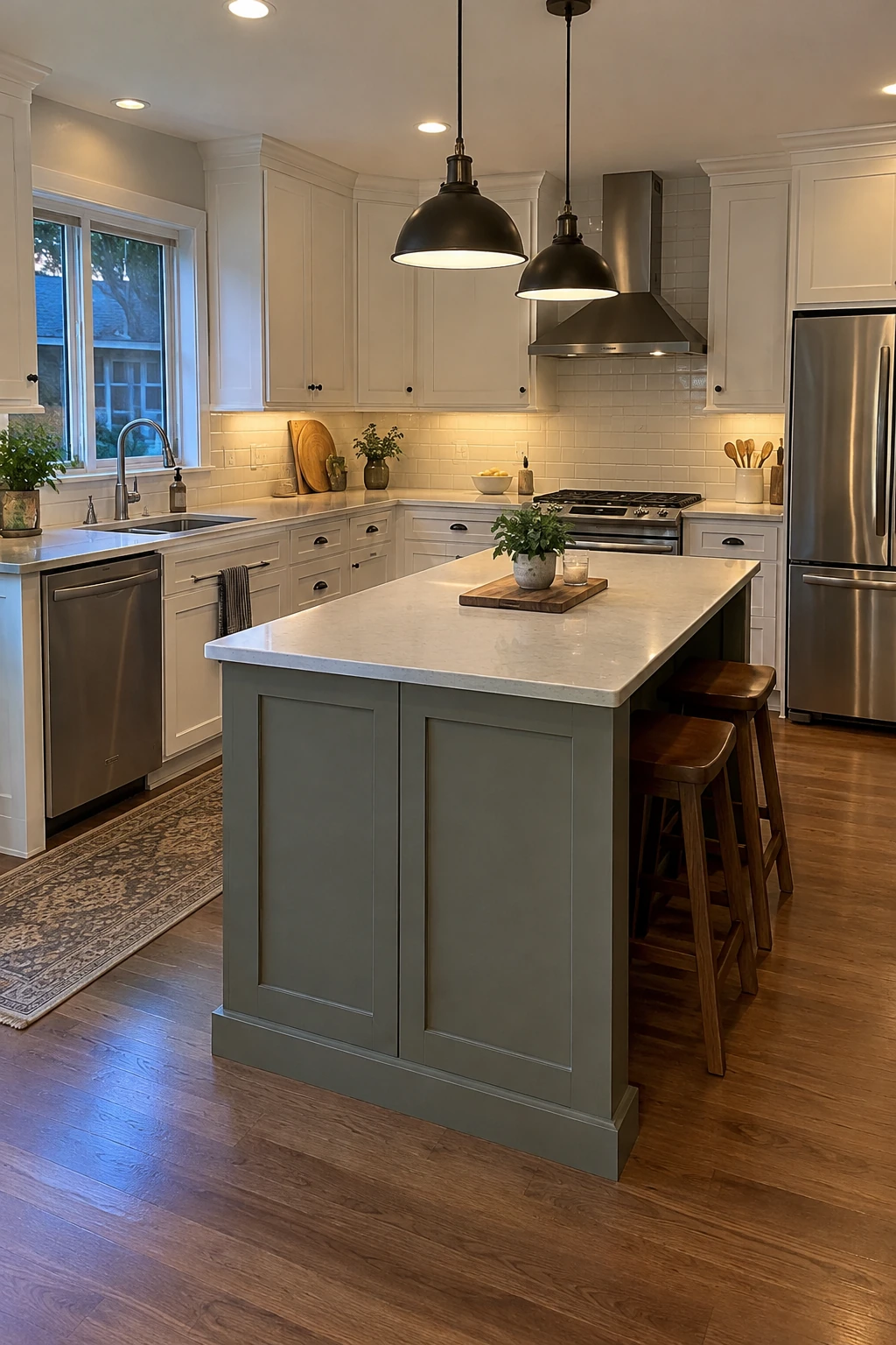 Small island built from two stock base cabinets in an L-shaped kitchen