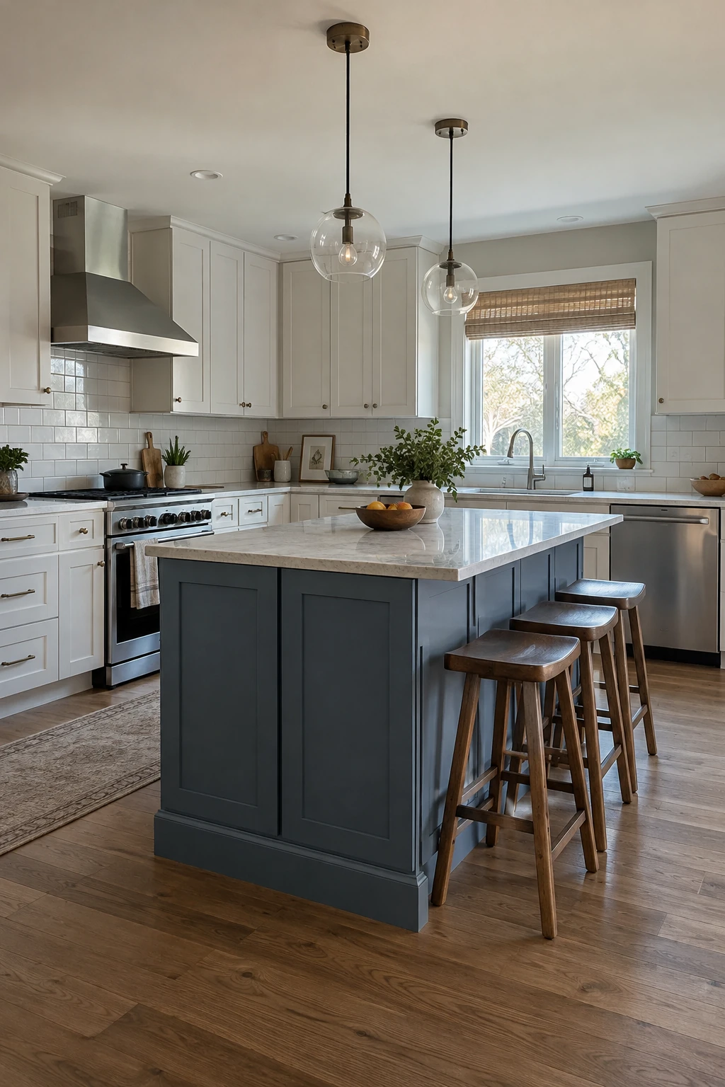 Repainted existing island in an L-shaped kitchen with new hardware