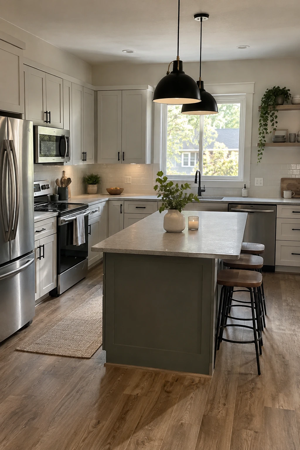 Laminate-topped island in a bright budget-conscious L-shaped kitchen