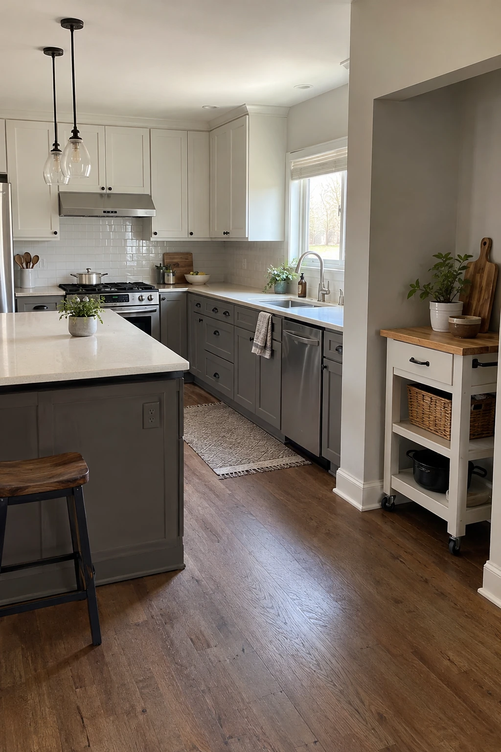 Slim mobile cart used safely in a tight L-shaped kitchen