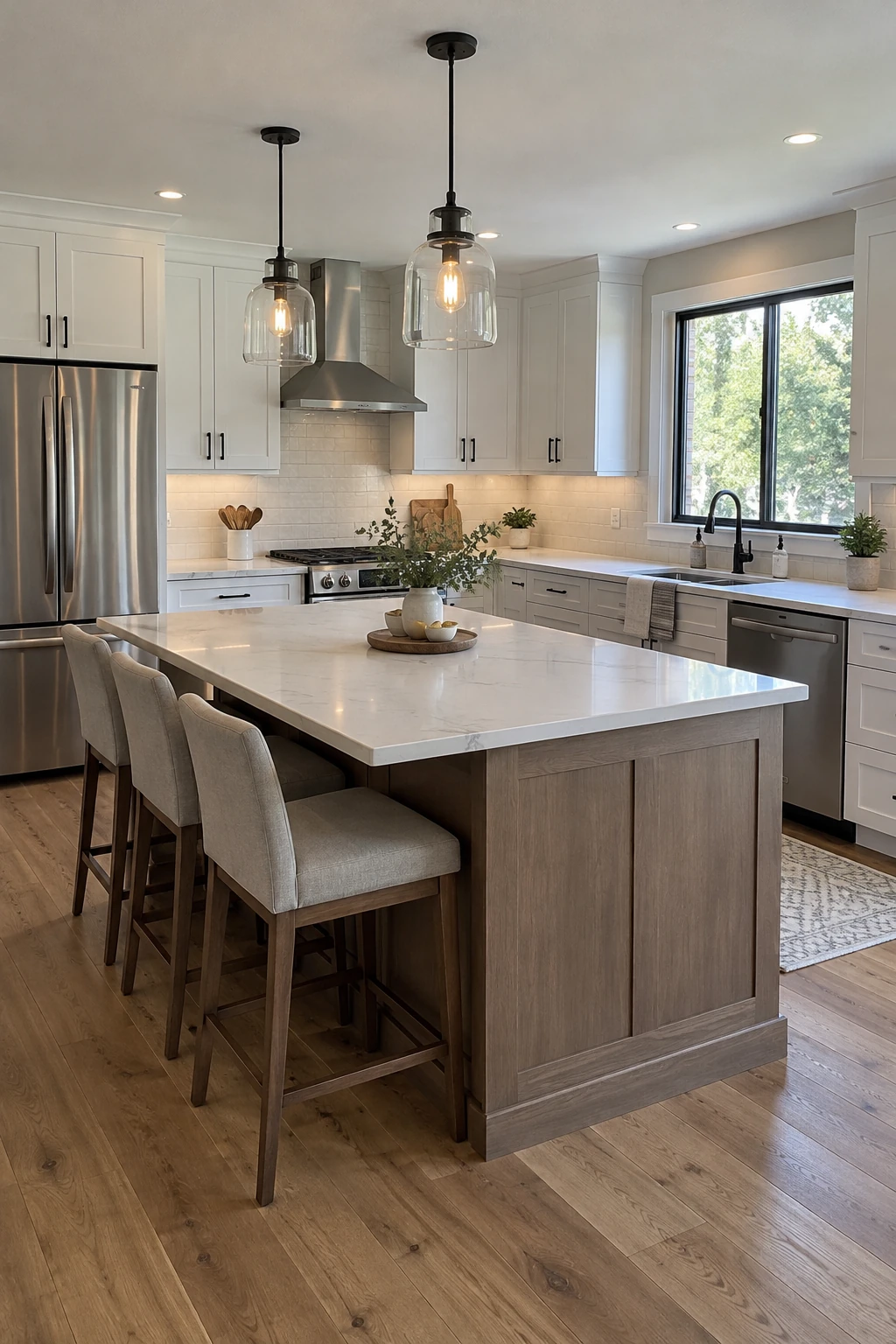 Precisely aligned island installed in an L-shaped kitchen