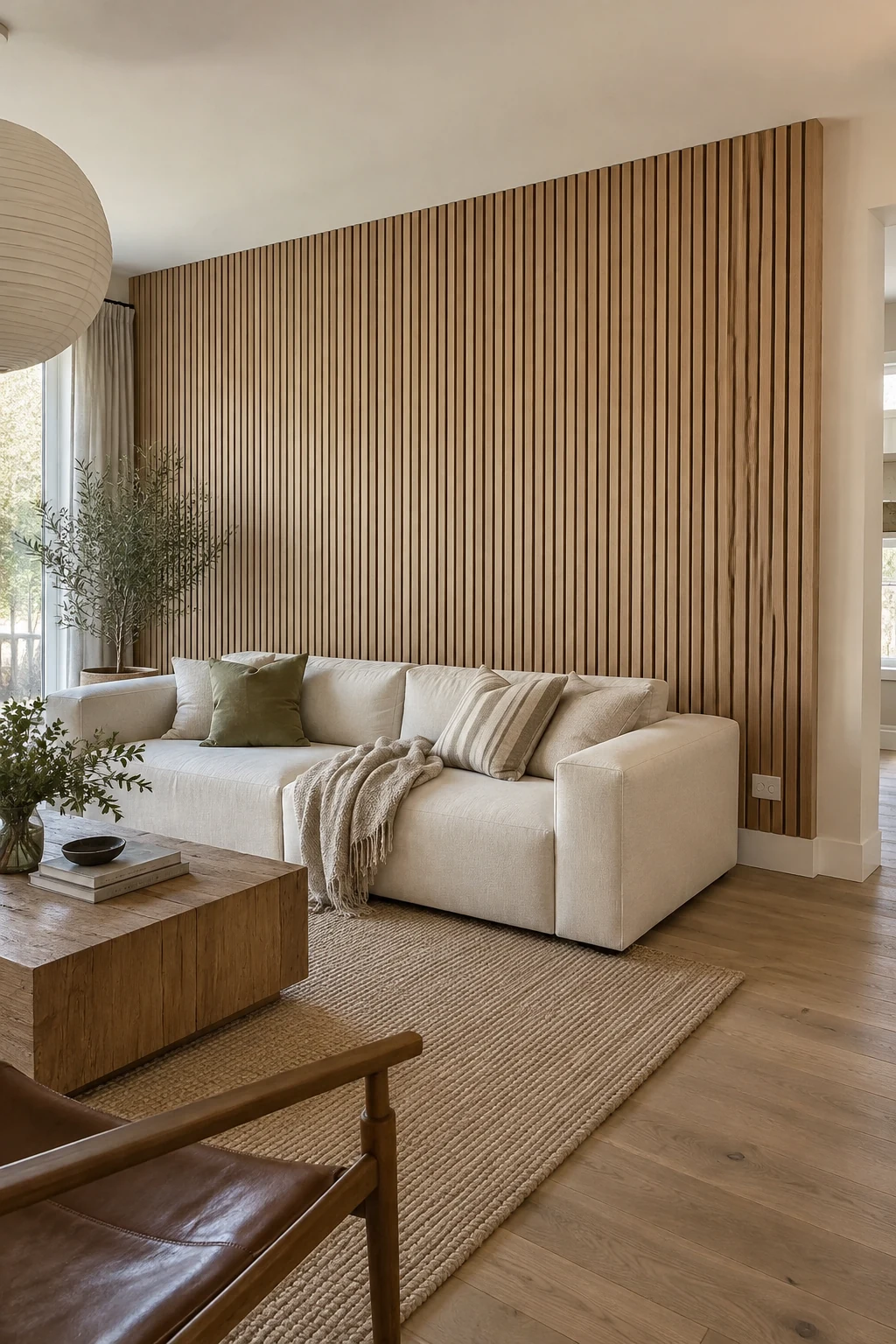 Living room with full-height white oak slat paneling behind a cream sofa