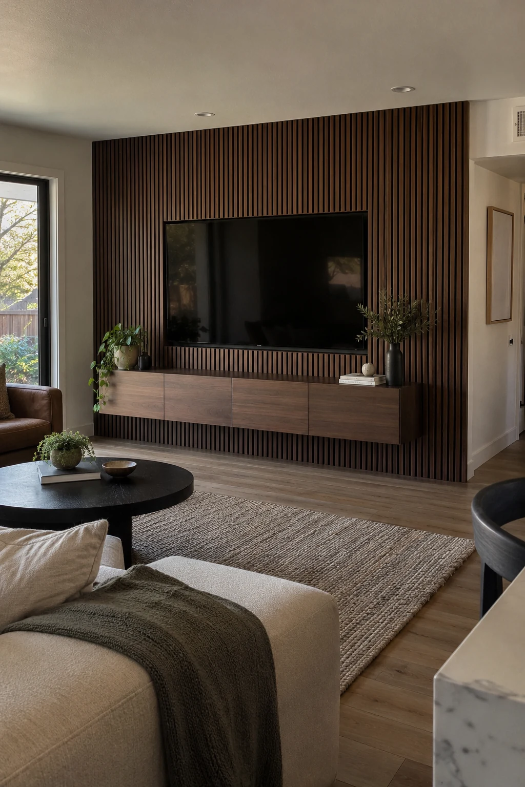 Walnut slat media wall framing a television in a modern living room