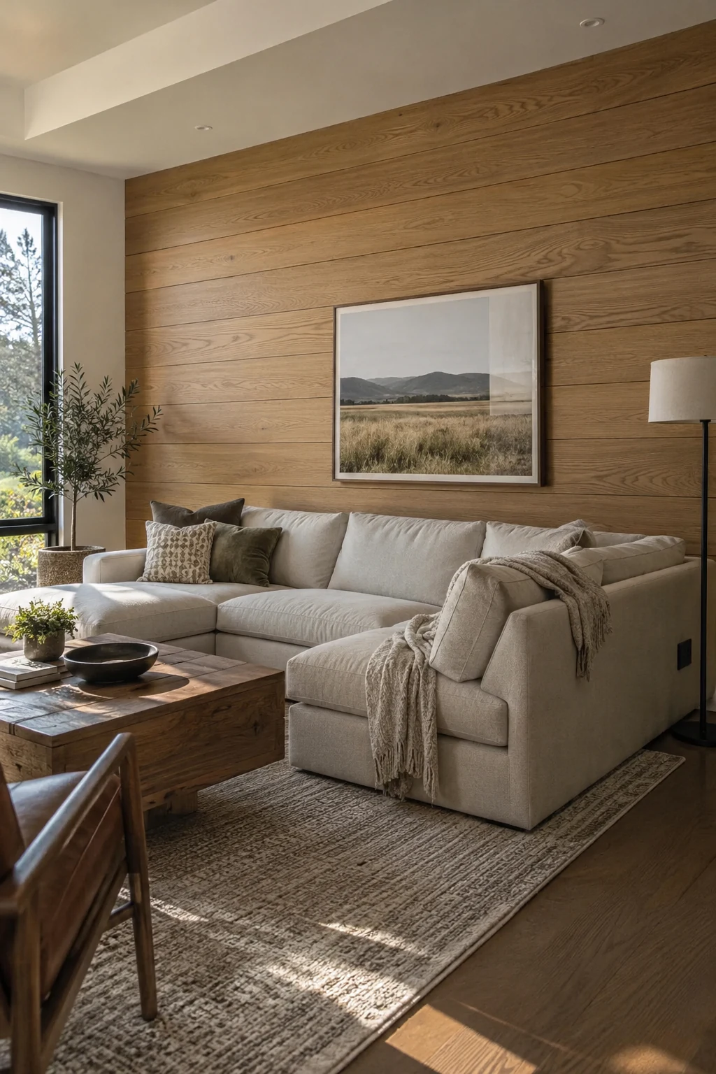 Wide horizontal oak boards on a bright living room wall