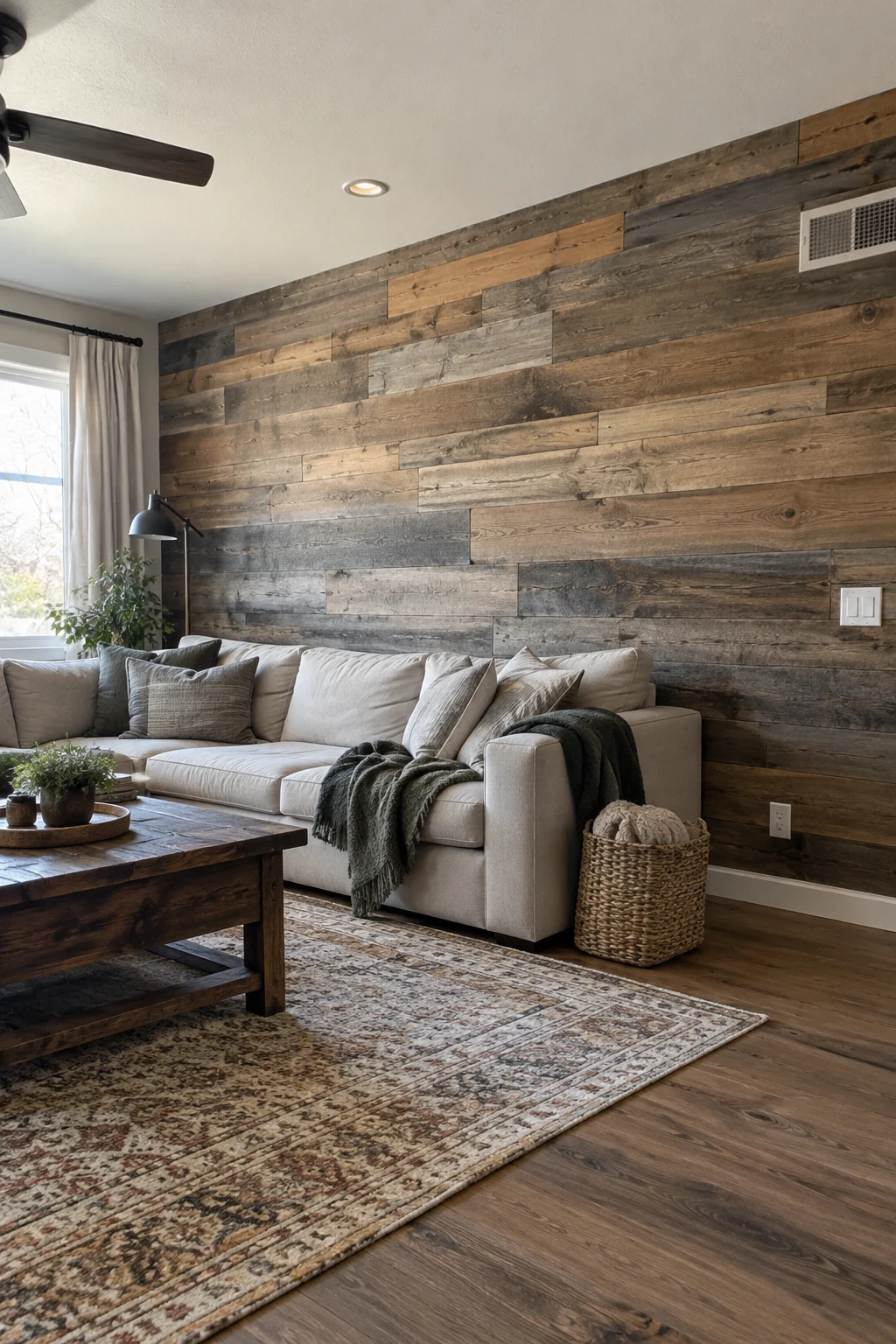 Mixed-width reclaimed wood paneling in a relaxed living room