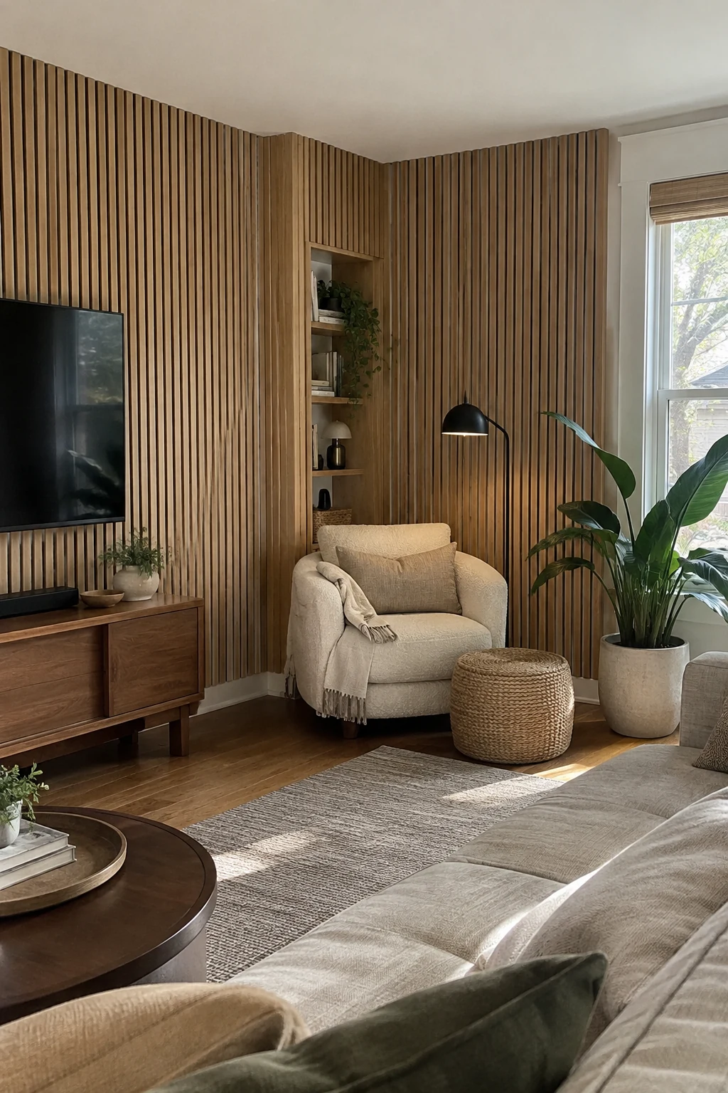 Ash wood slat paneling wrapping around a living room corner