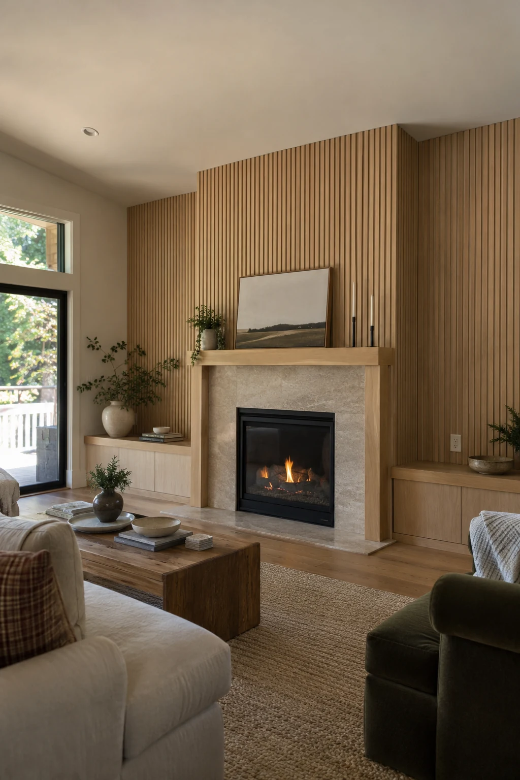 Fluted maple paneling around a modern living room fireplace