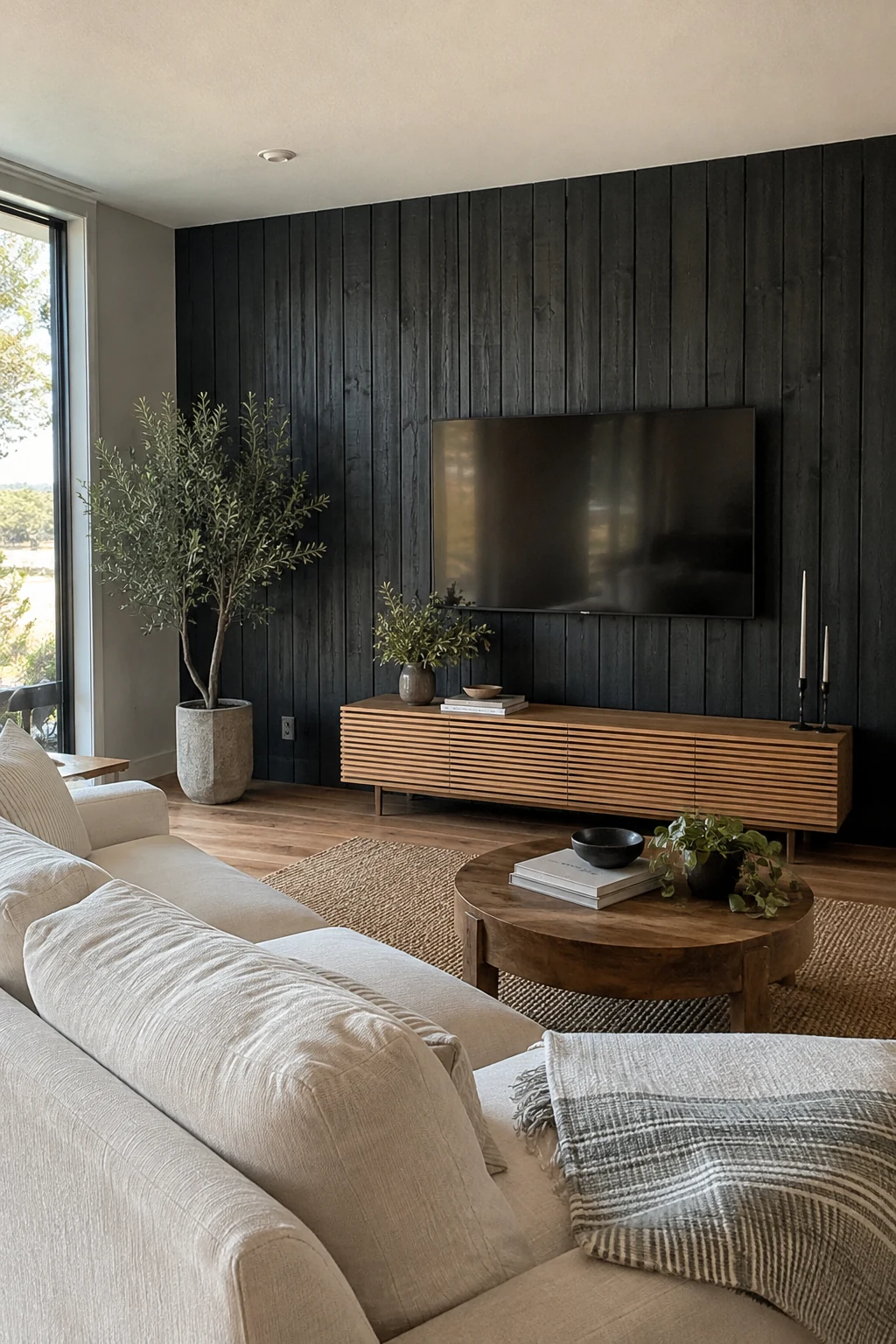 Charred black timber paneling in a light-filled living room
