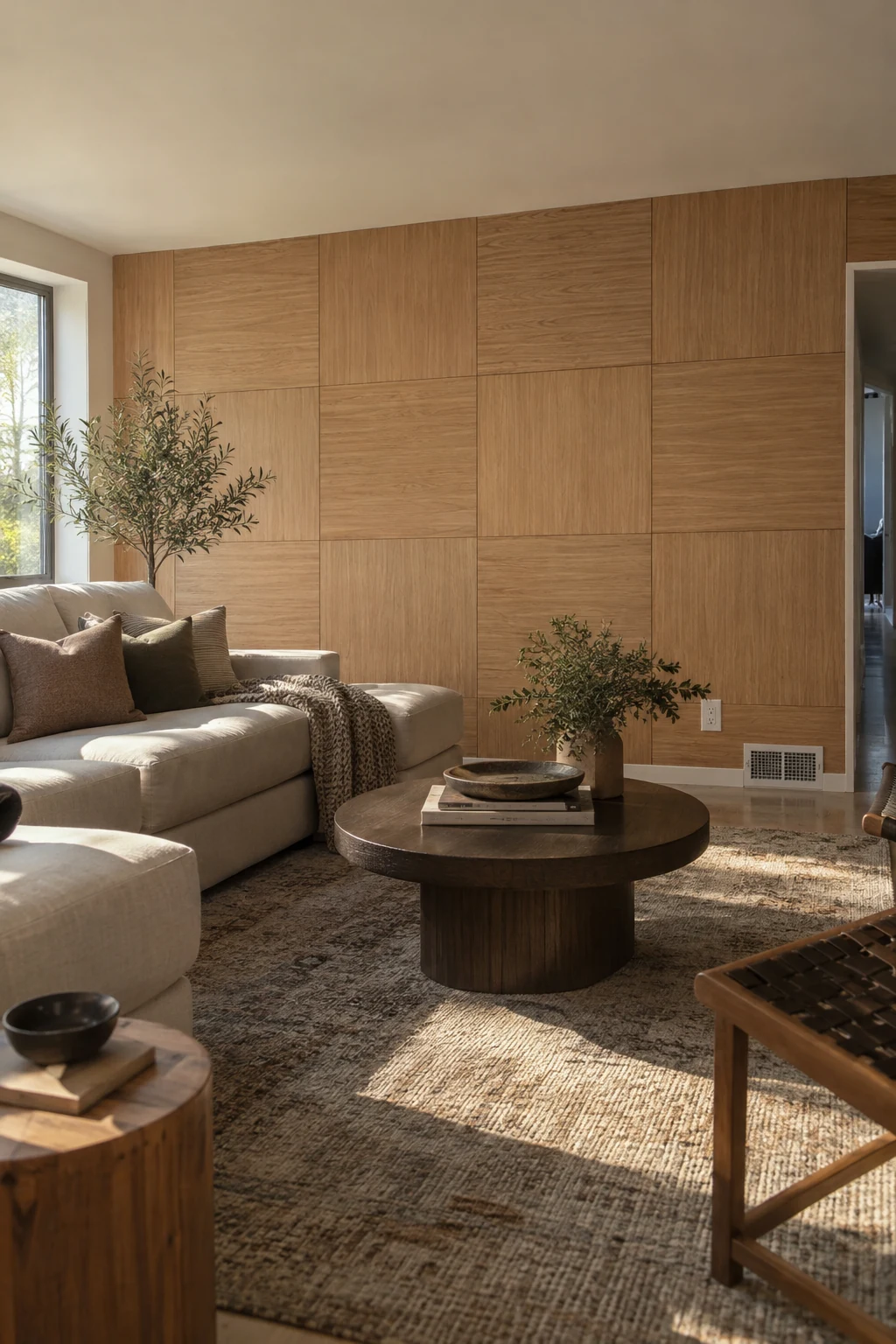 Checkerboard wood veneer square panels on a living room wall