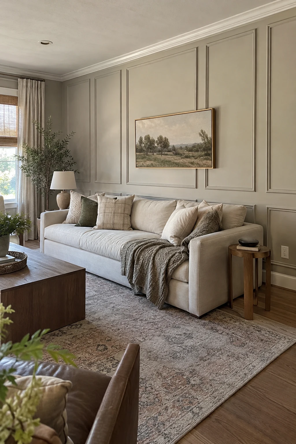 Tone-on-tone picture frame molding behind a living room sofa