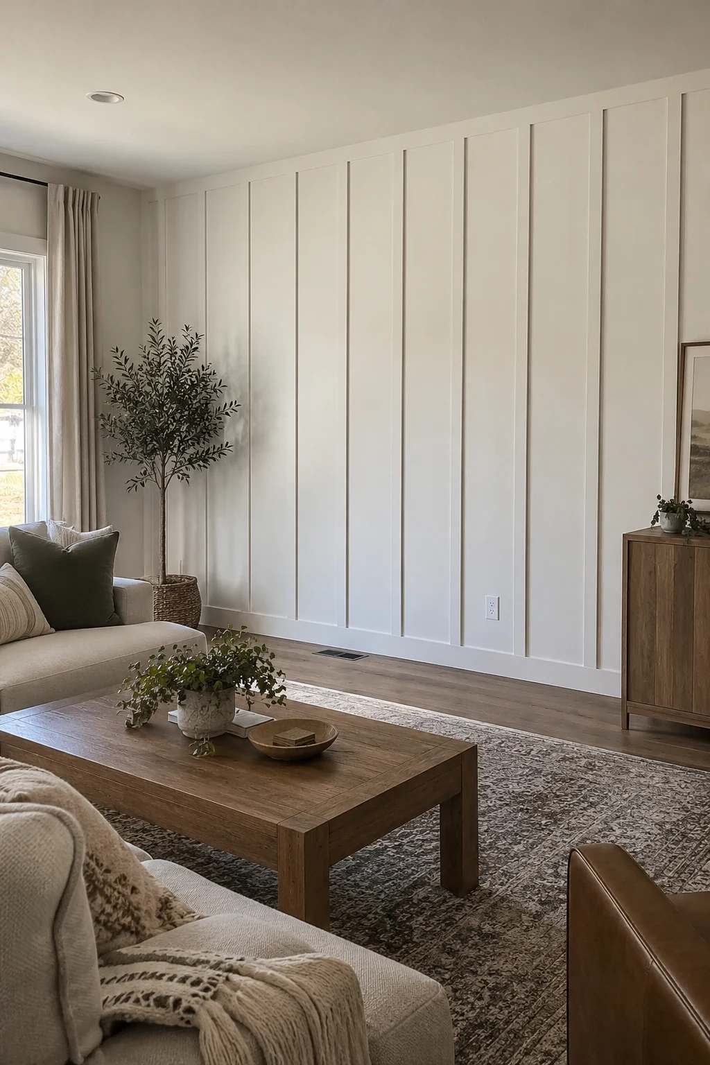 Tall board-and-batten paneling in a bright living room