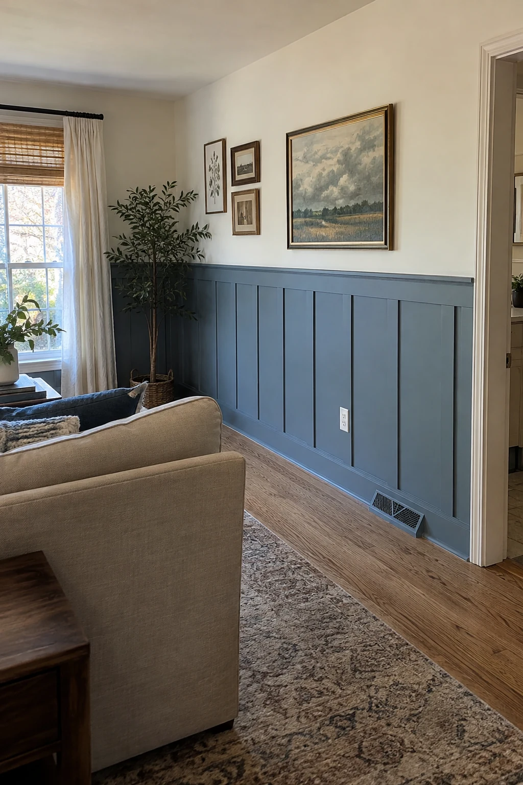 Half-height board-and-batten paneling in a small living room