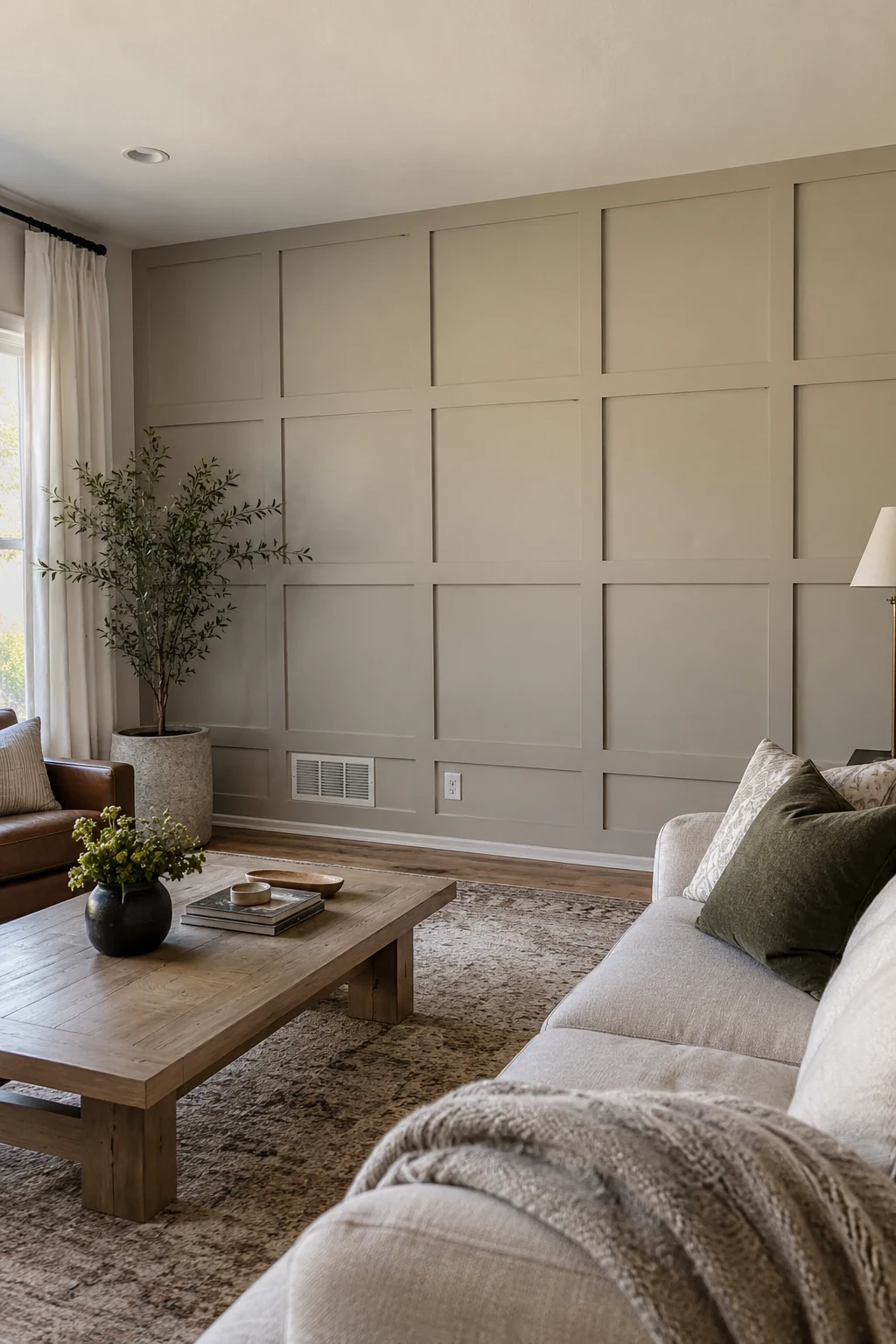Large square grid paneling on a contemporary living room wall