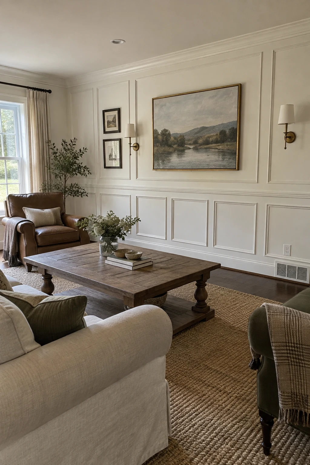 Raised-panel wainscoting in a traditional living room