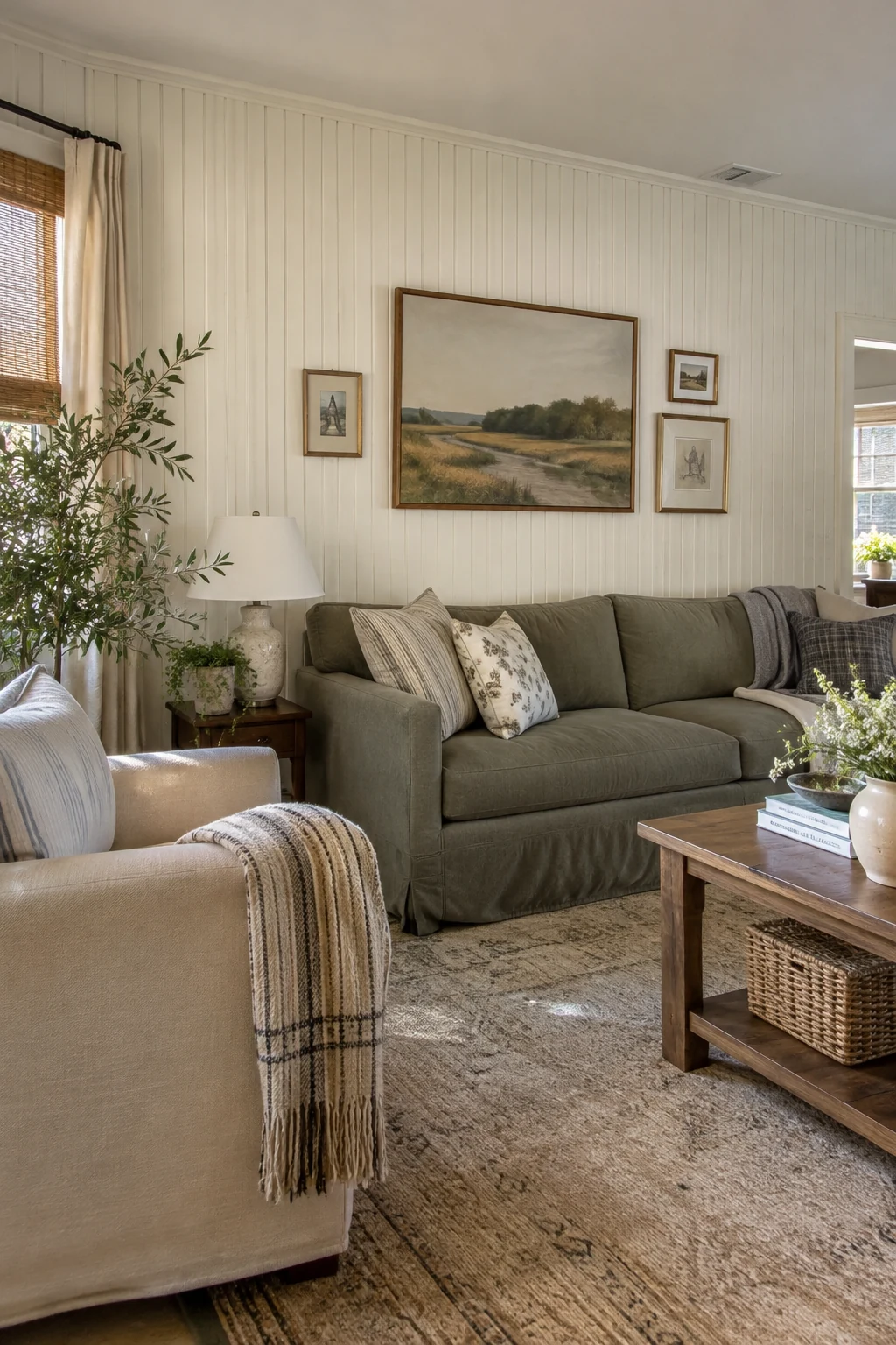 Full-wall beadboard paneling in a cottage living room