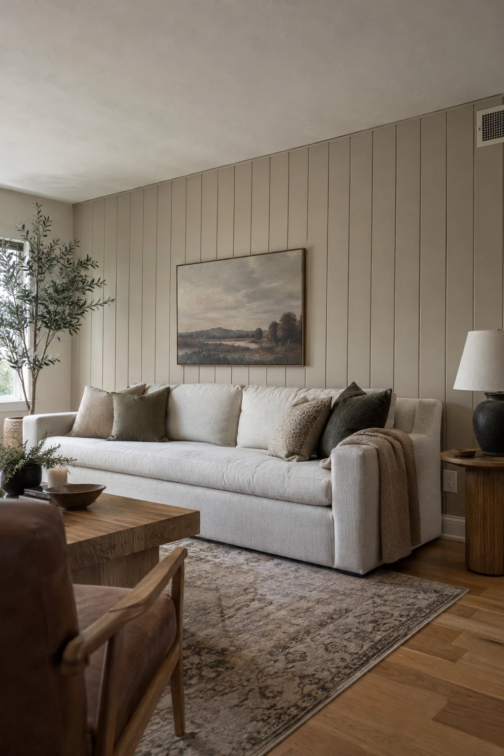 Wide vertical V-groove paneling in a modern living room
