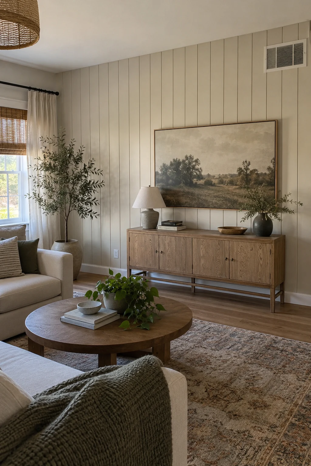Vertical shiplap paneling in a relaxed living room