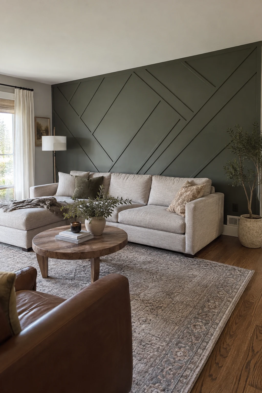 Diagonal geometric trim paneling on a living room feature wall