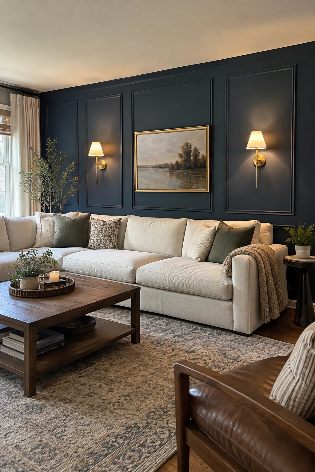 Deep navy picture molding in a sophisticated living room