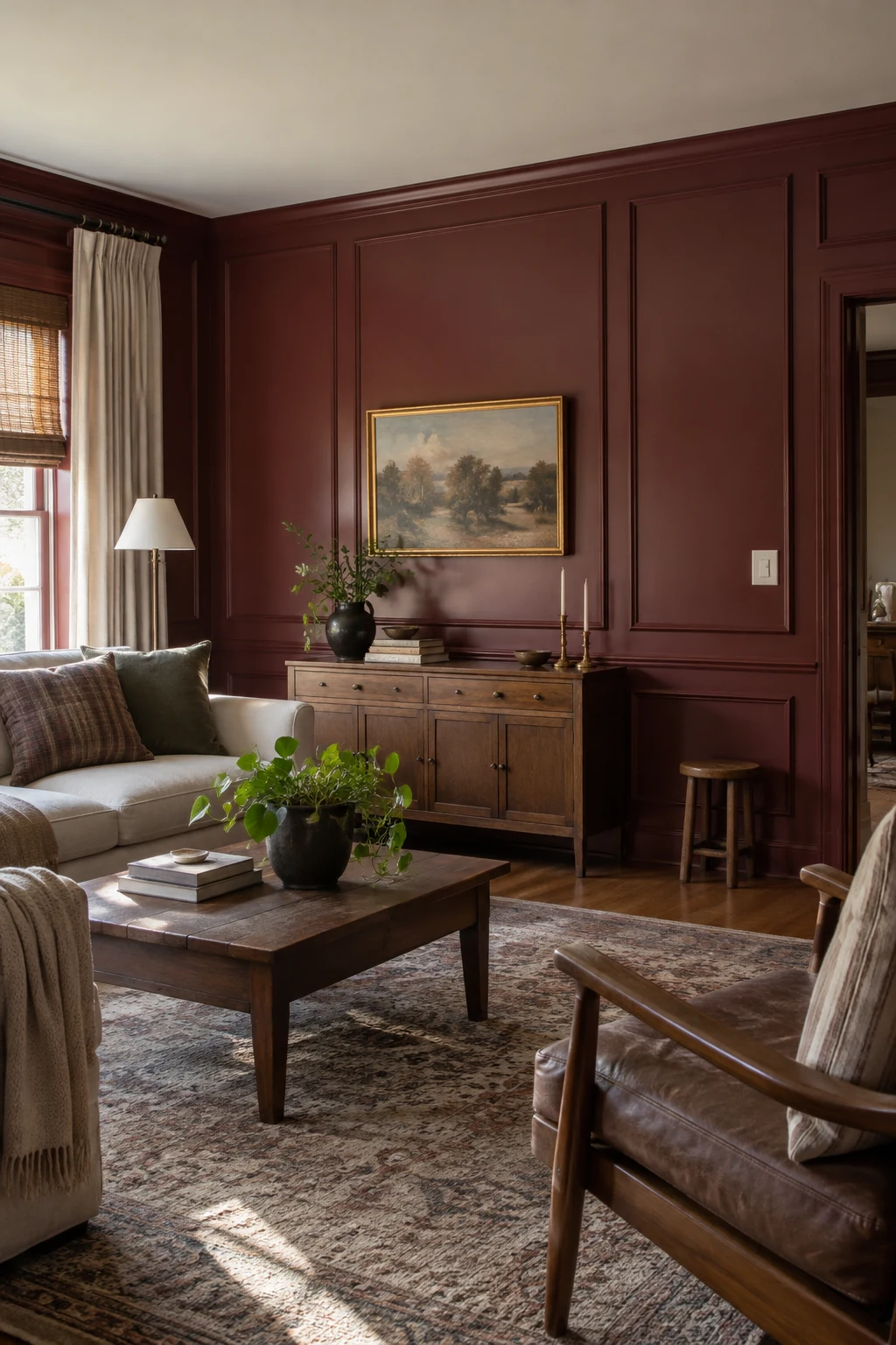 Oxblood red paneled living room with warm wood furniture