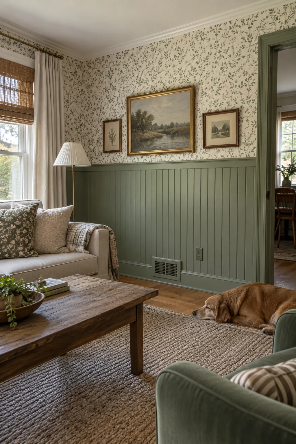 Sage beadboard beneath botanical wallpaper in a living room