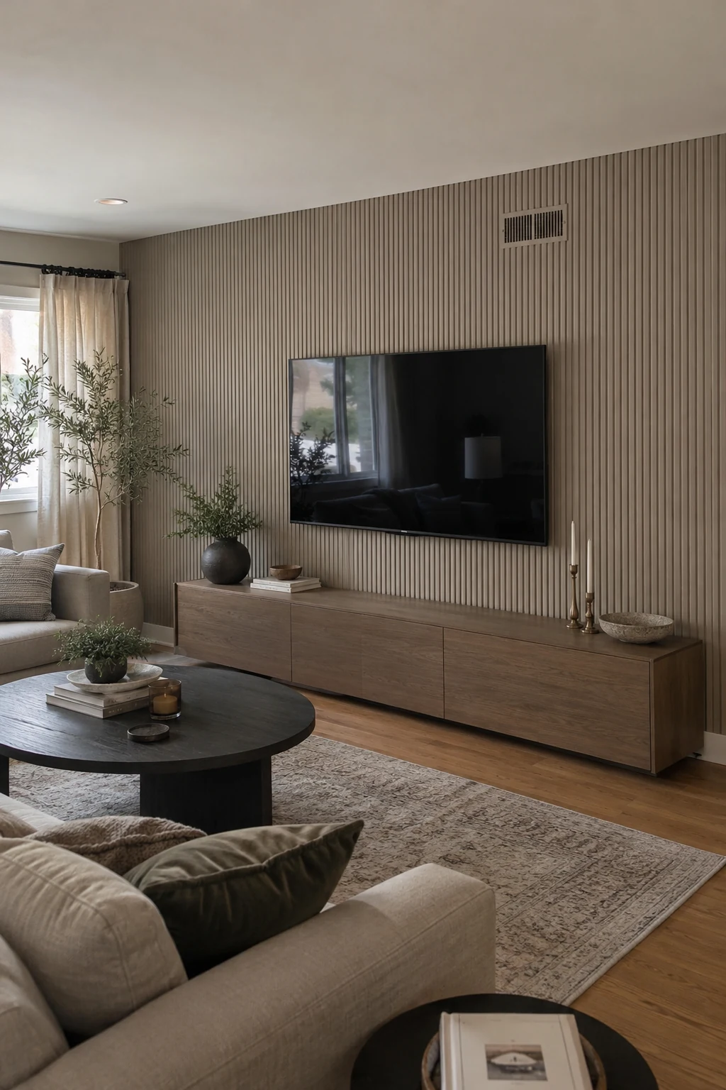 Taupe micro-fluted paneling in a calm contemporary living room