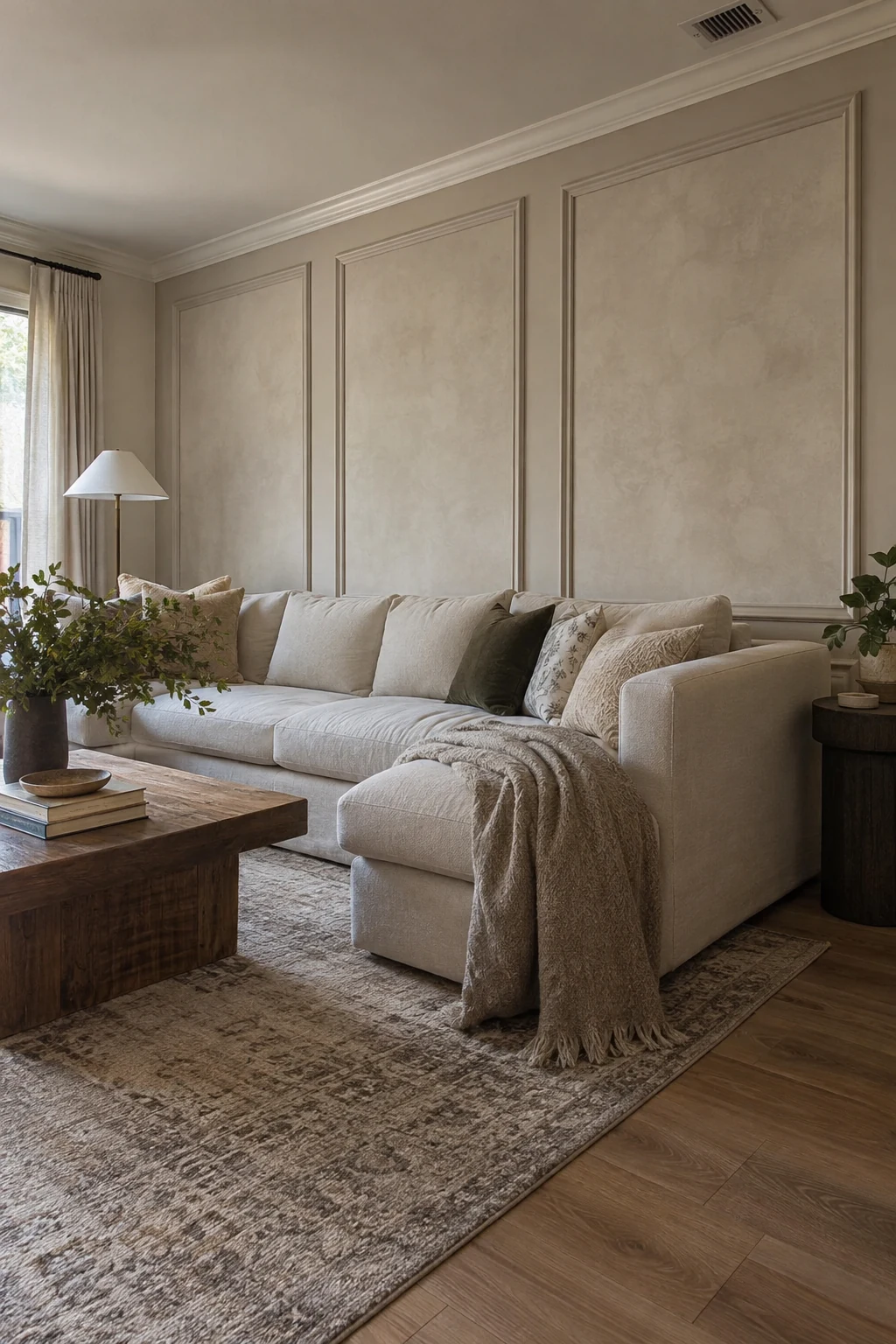 Limewash inset within painted molding frames in a living room