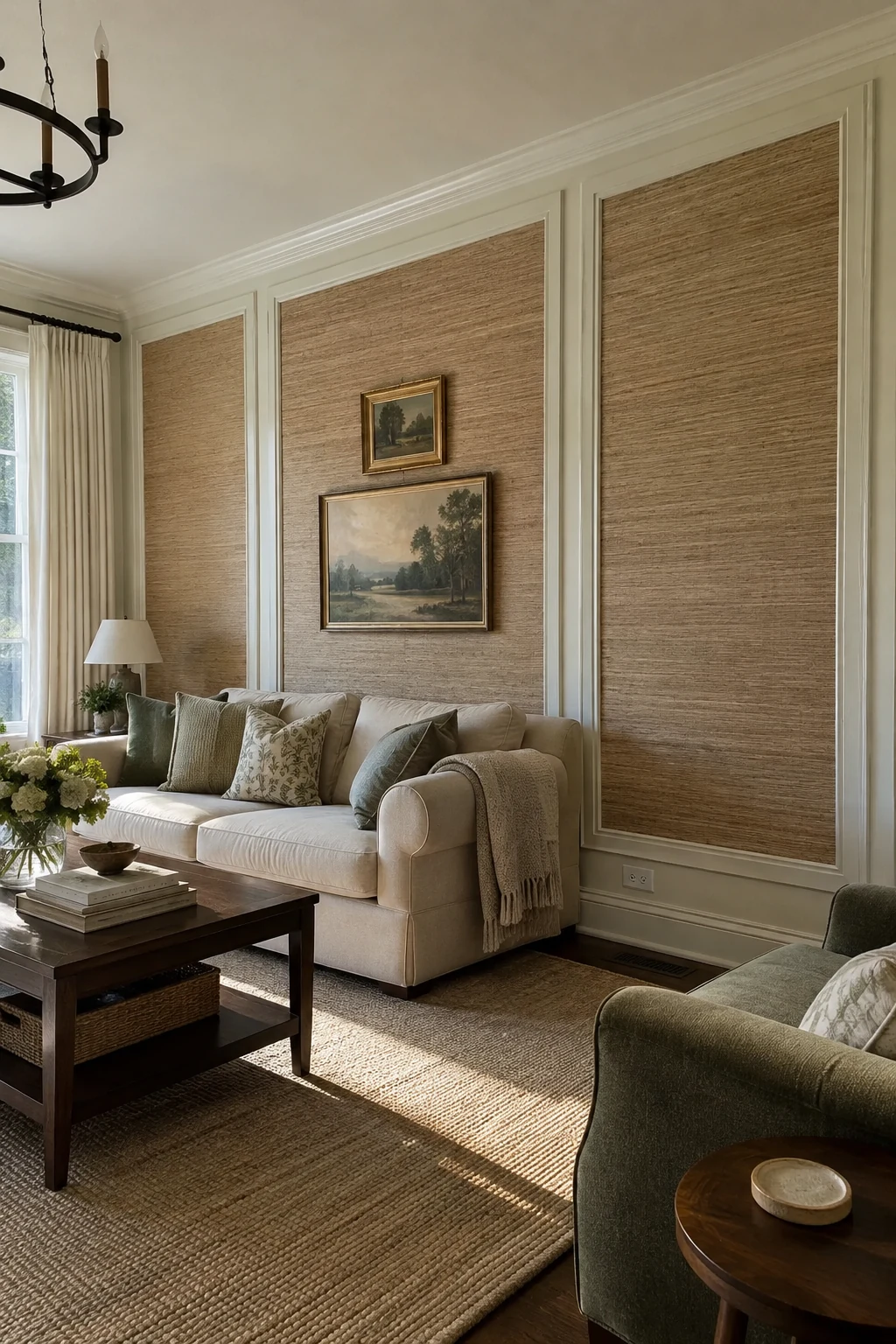 Grasscloth inset panels framed by molding in a living room