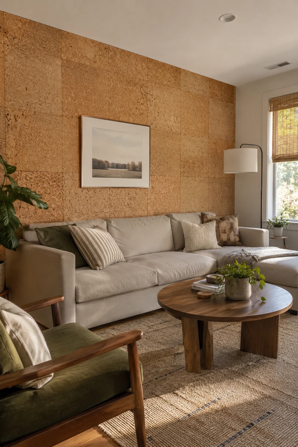 Natural cork tile paneling in a relaxed living room