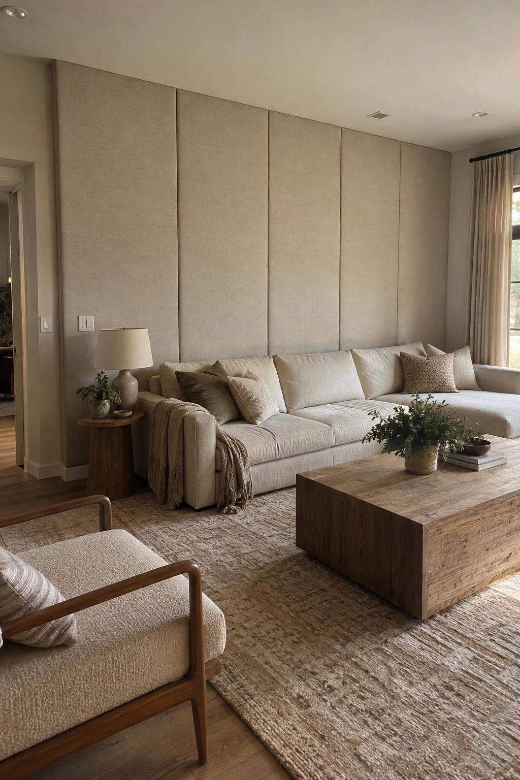 Upholstered linen panels behind a living room sofa