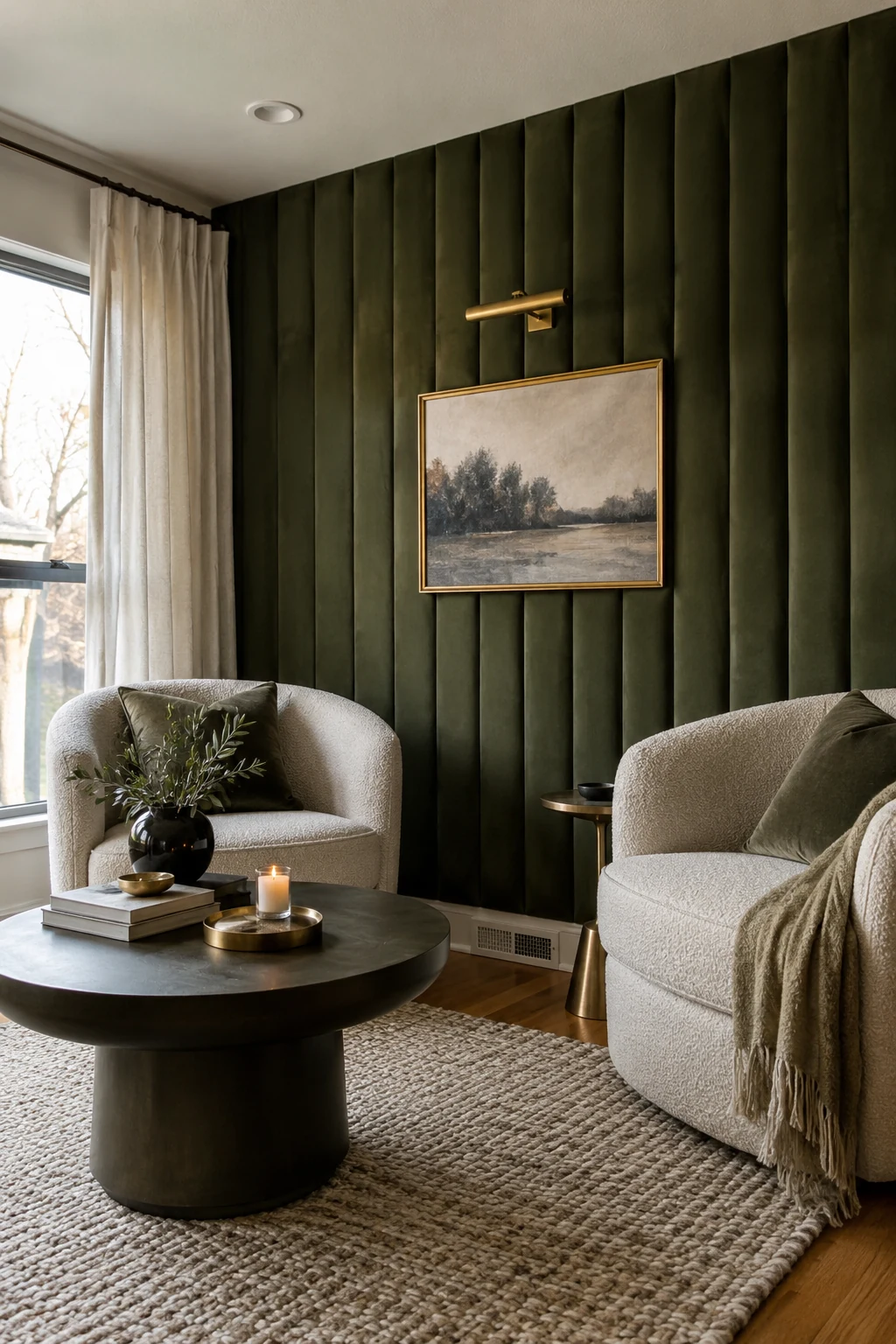 Channel-tufted velvet paneling in a glamorous living room nook