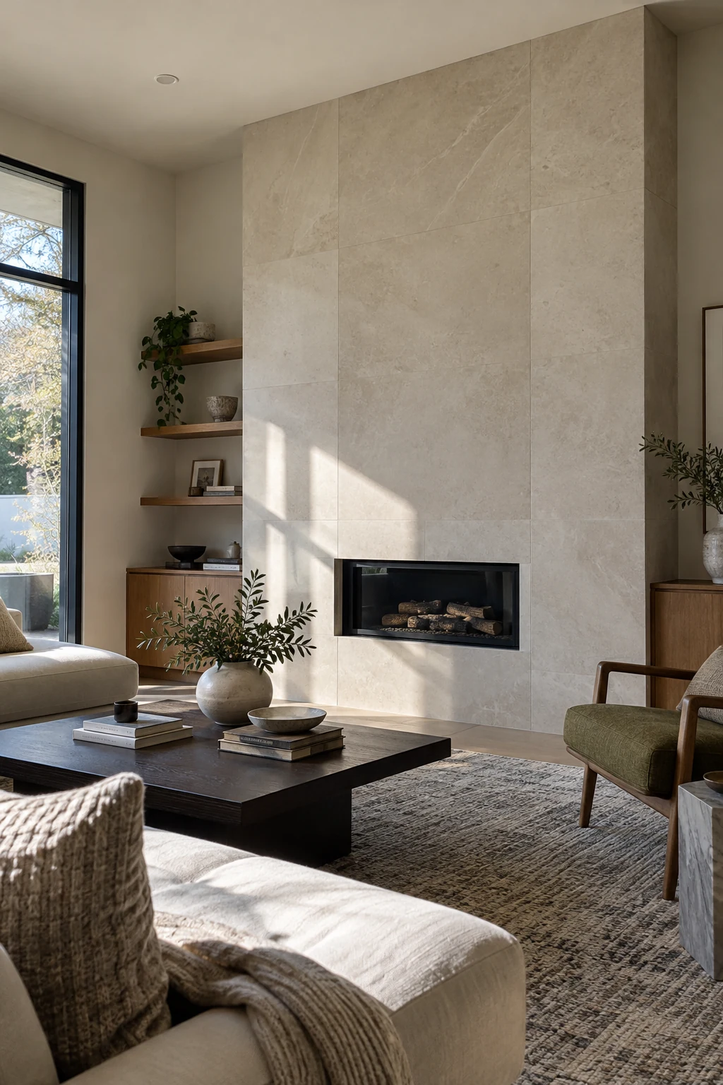 Large limestone panels around a living room fireplace