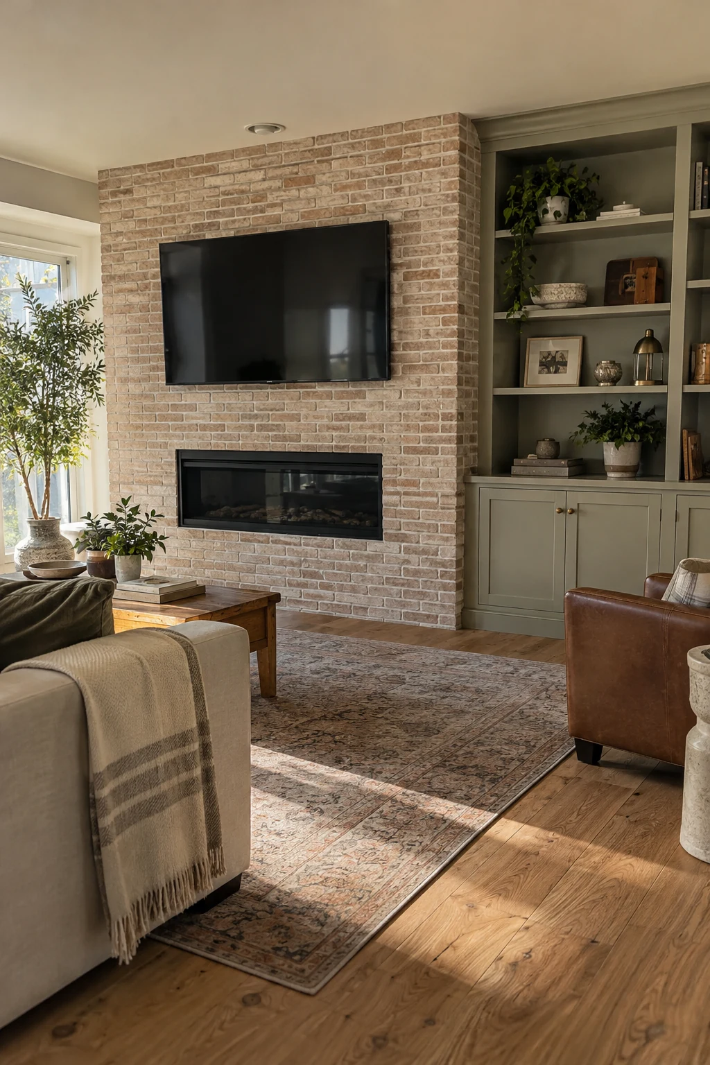 Thin brick paneling on a living room wall beside built-ins