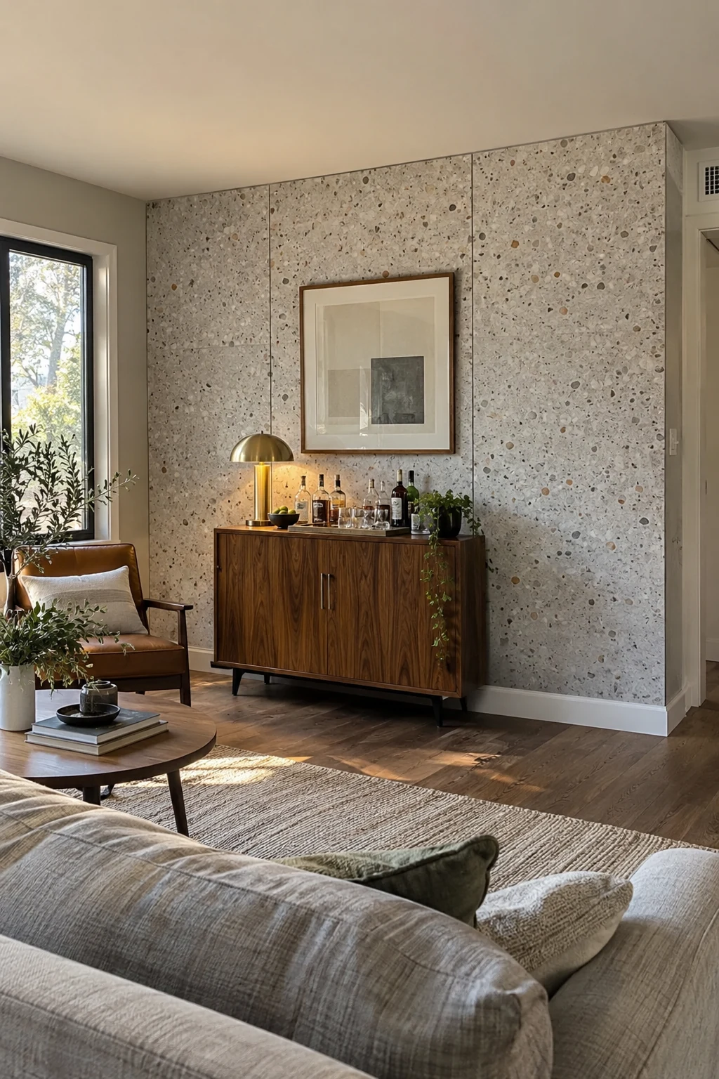 Terrazzo-look composite panels behind a living room bar