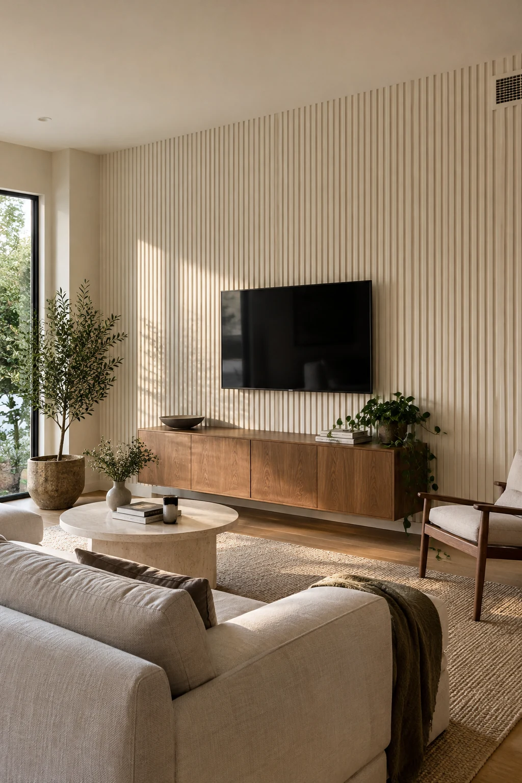 Ribbed plaster panels on a softly lit living room wall