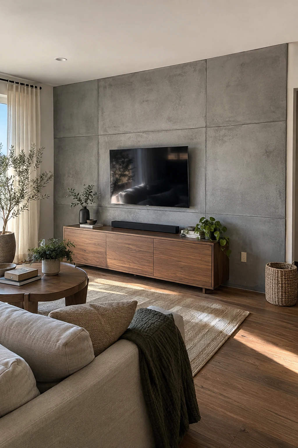 Concrete-look large panels in a warm modern living room