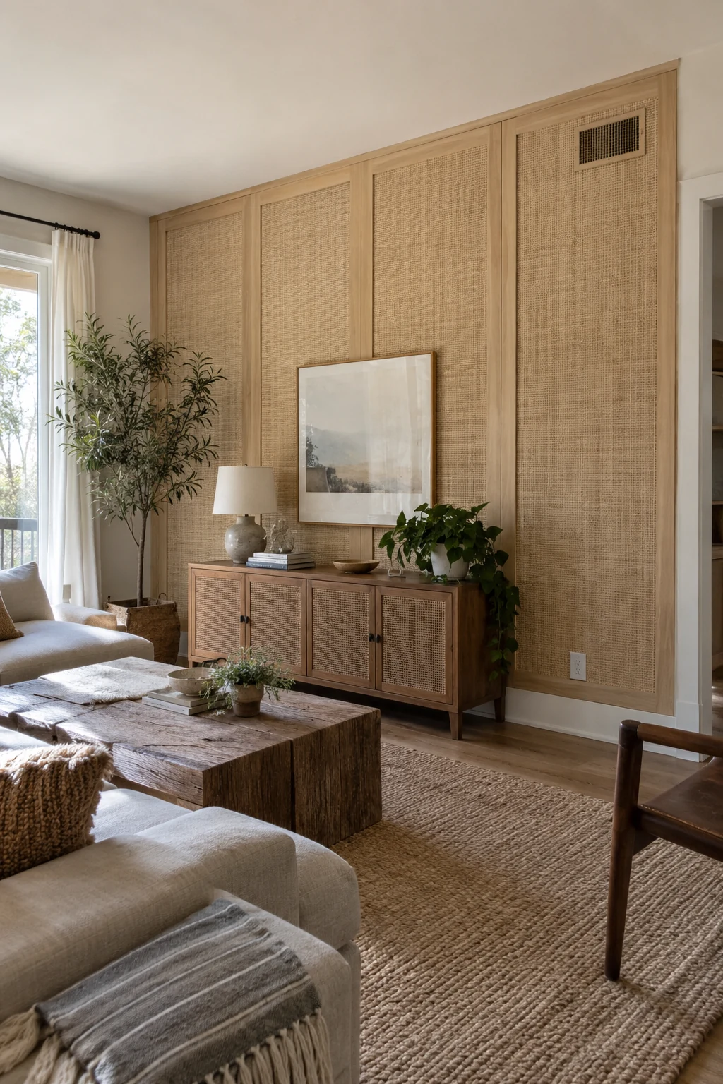 Woven cane inset wall panels in a light living room