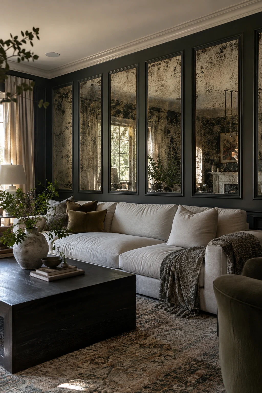 Antiqued mirror panels between dark living room molding