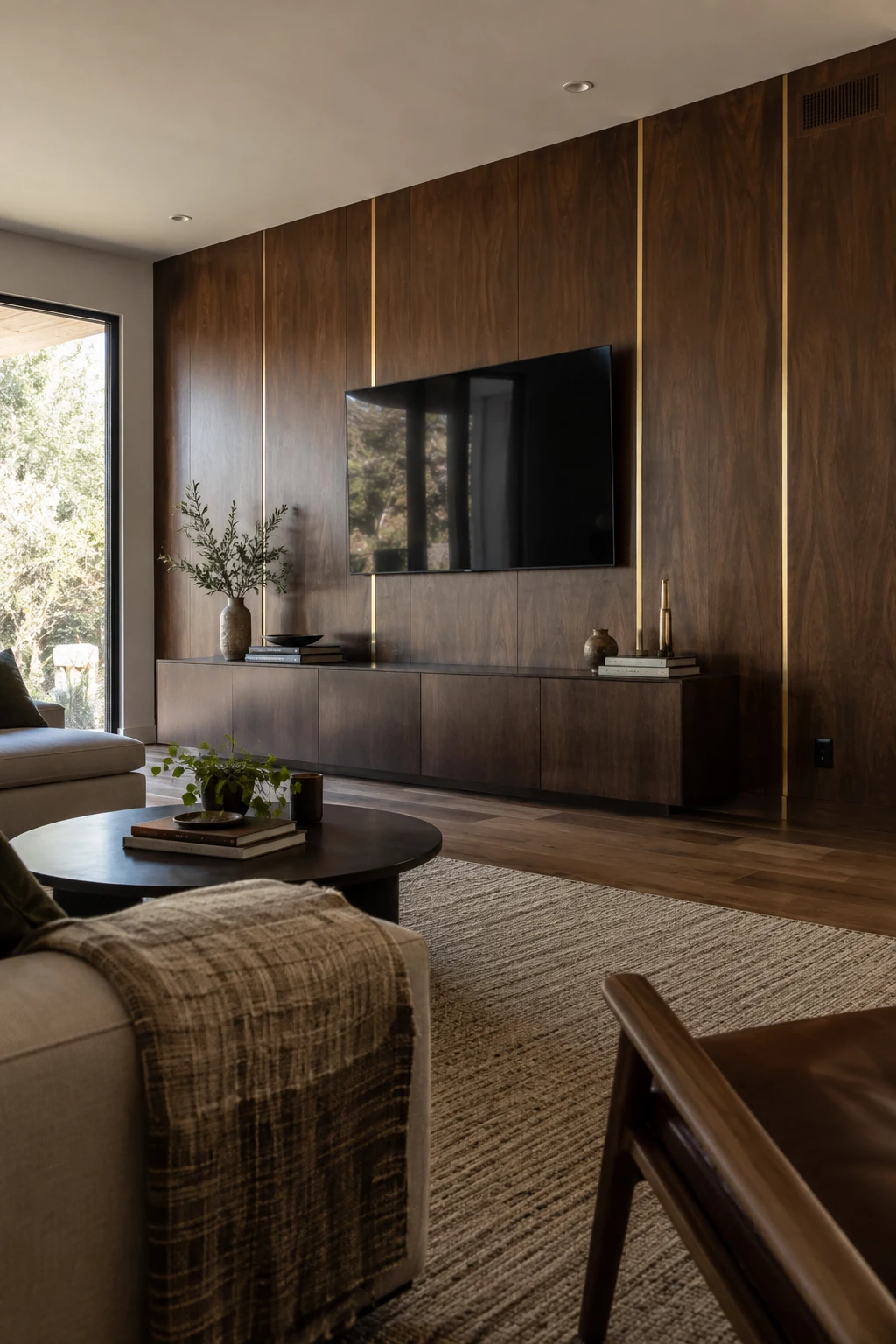 Brass inlay strips dividing walnut wall panels in a living room