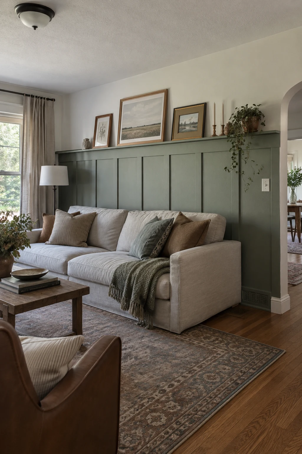 Paneled living room wall with a slim display ledge above the sofa