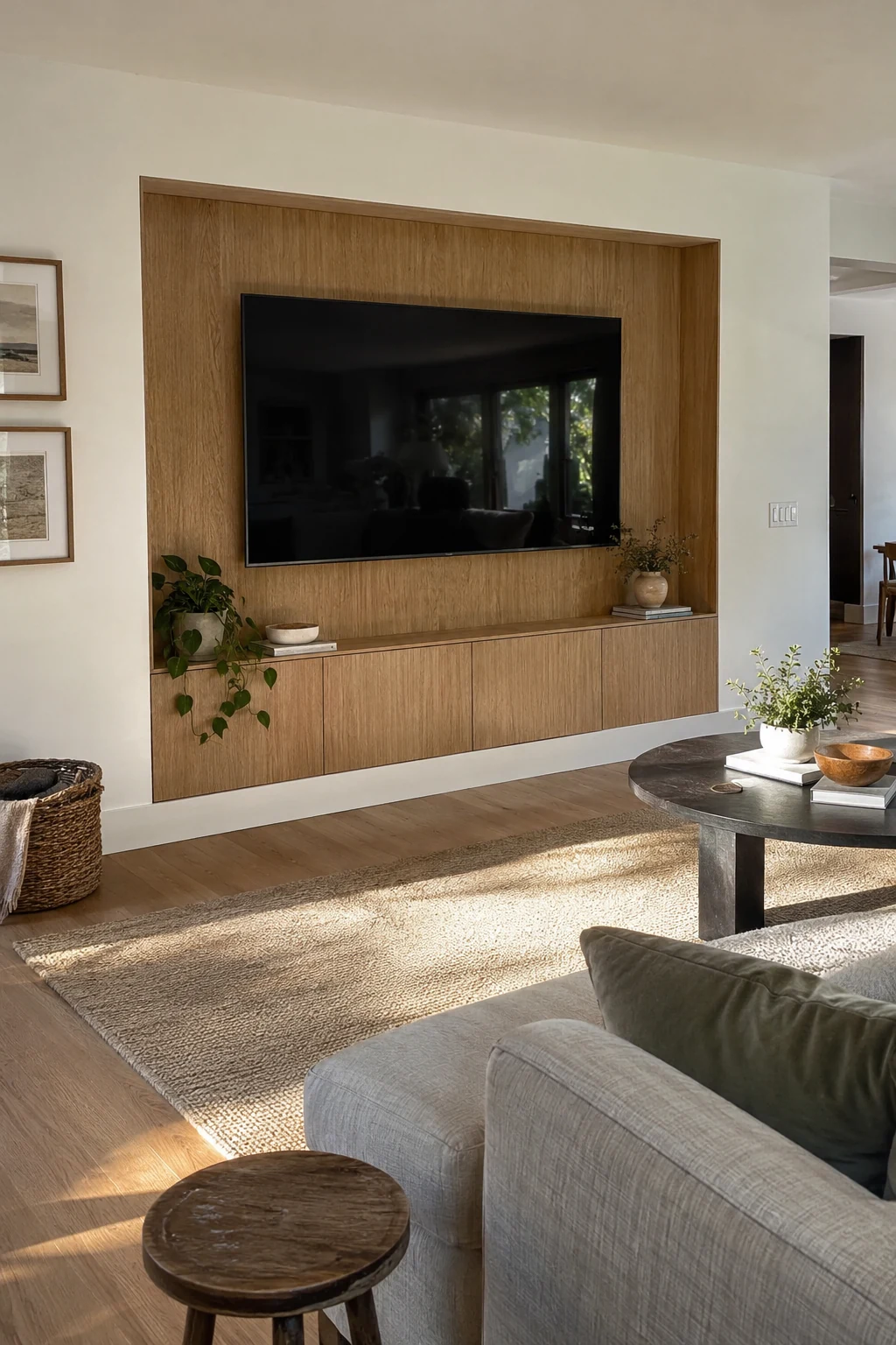 Wood-paneled television niche within a white living room wall