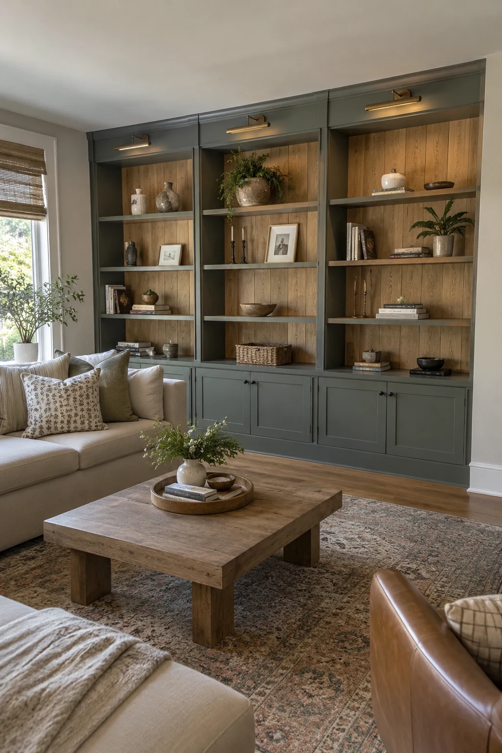 Built-in bookcases with paneled wood backs in a living room